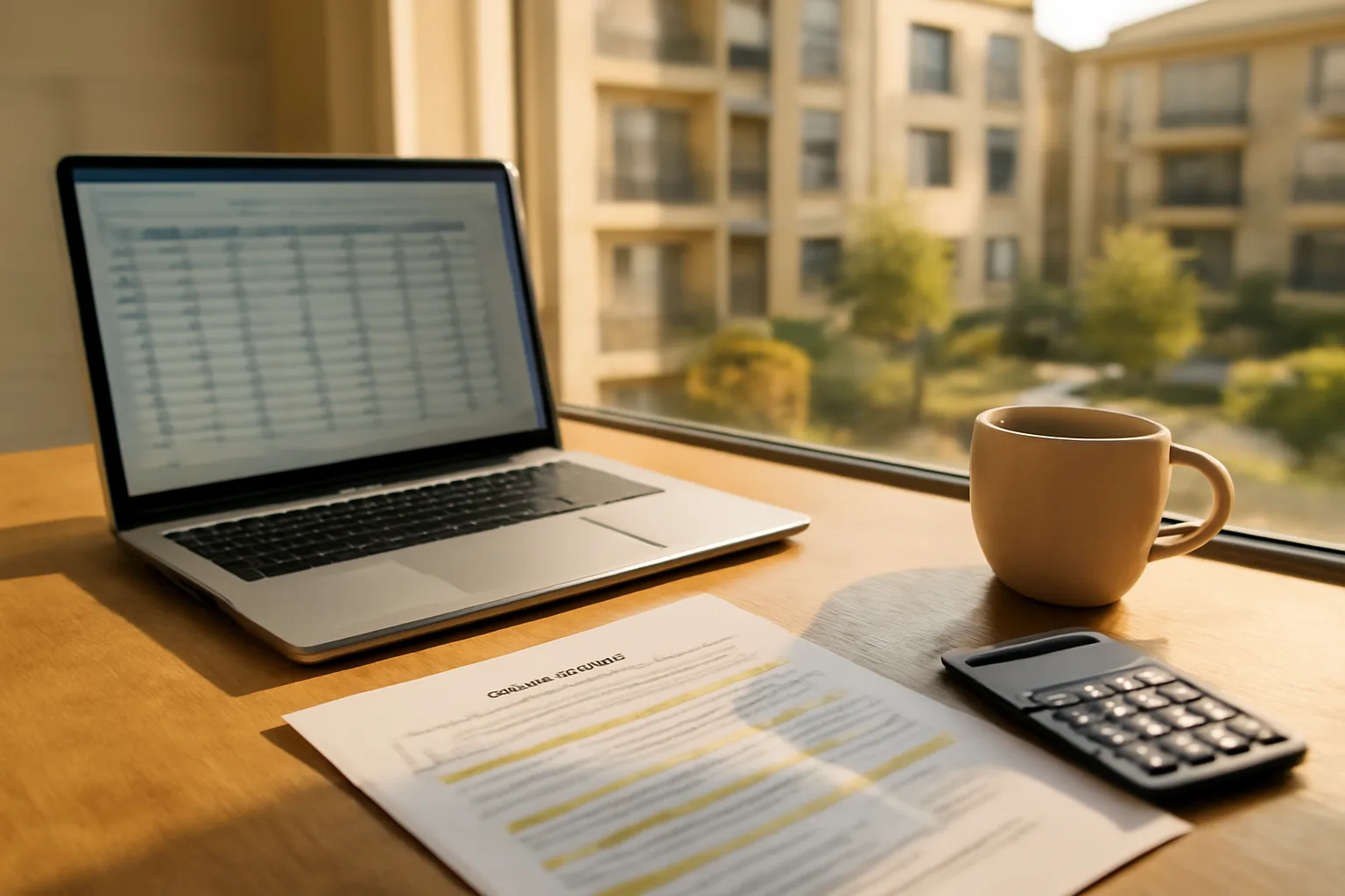 Laptop showing reserve balance spreadsheet and printed reserve study report on office desk
