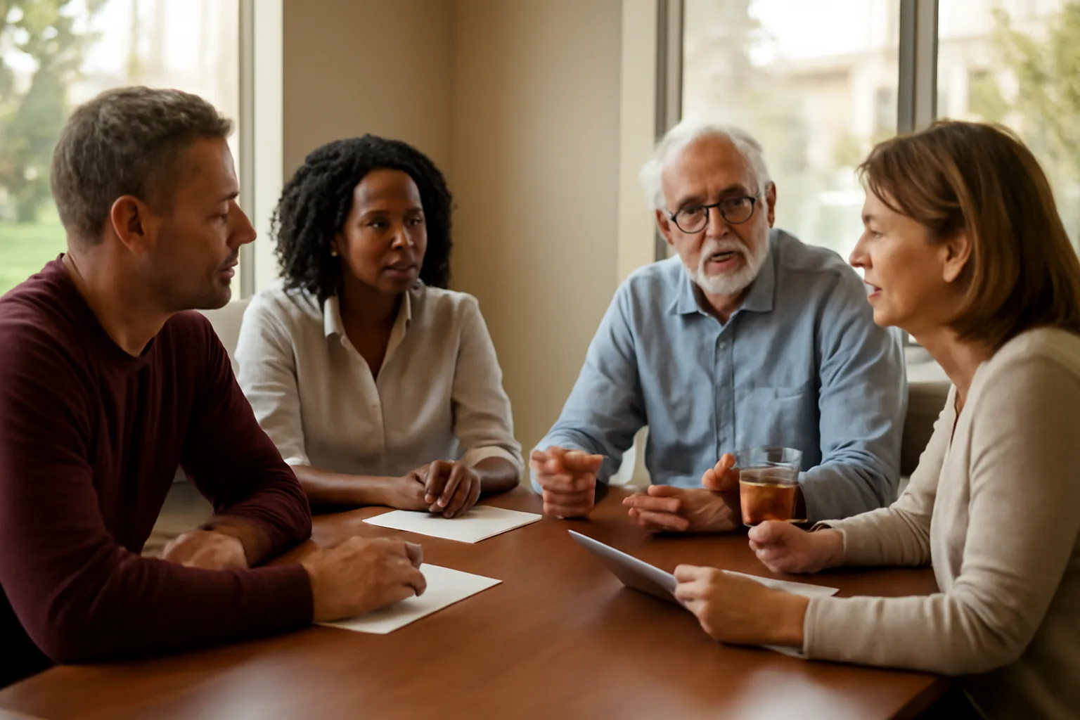 Condo board members reviewing documents together at a meeting table