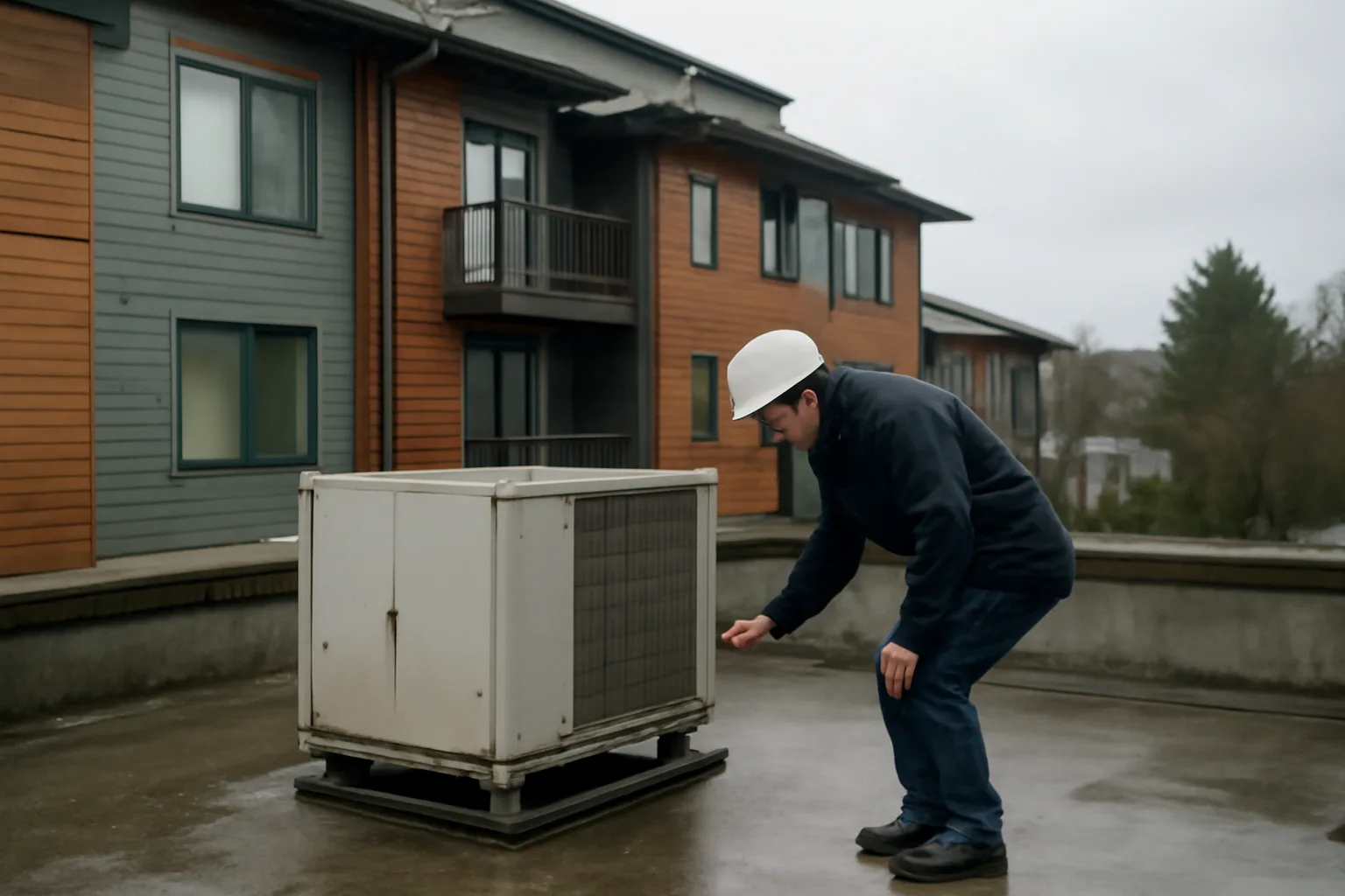 Inspector examining rooftop equipment on a Pacific Northwest condo building under overcast sky