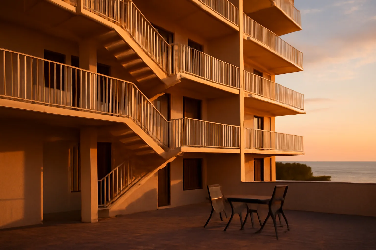 Florida coastal condo building exterior at sunset with meeting chairs set up outside