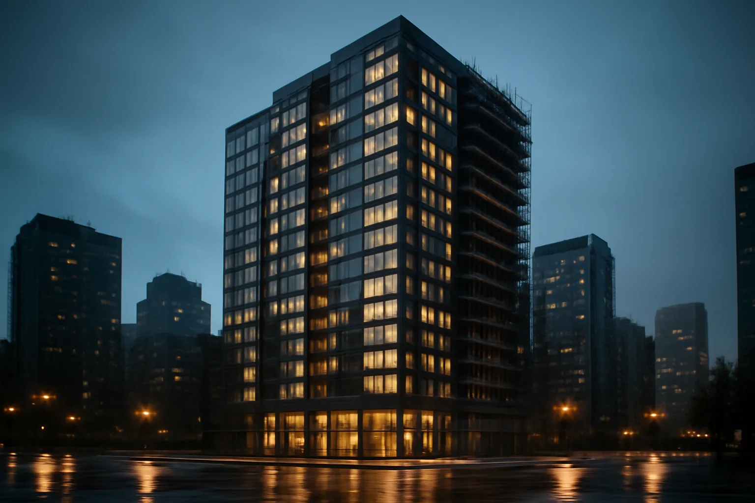 Toronto condo tower exterior with partial scaffolding during a building repair project