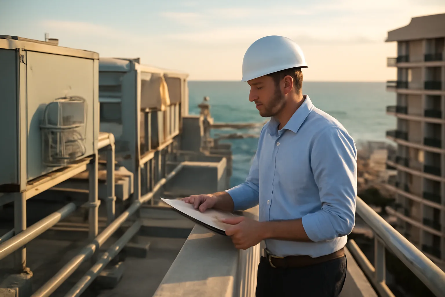 Engineer inspecting rooftop structural components of a Florida condo building near the coast