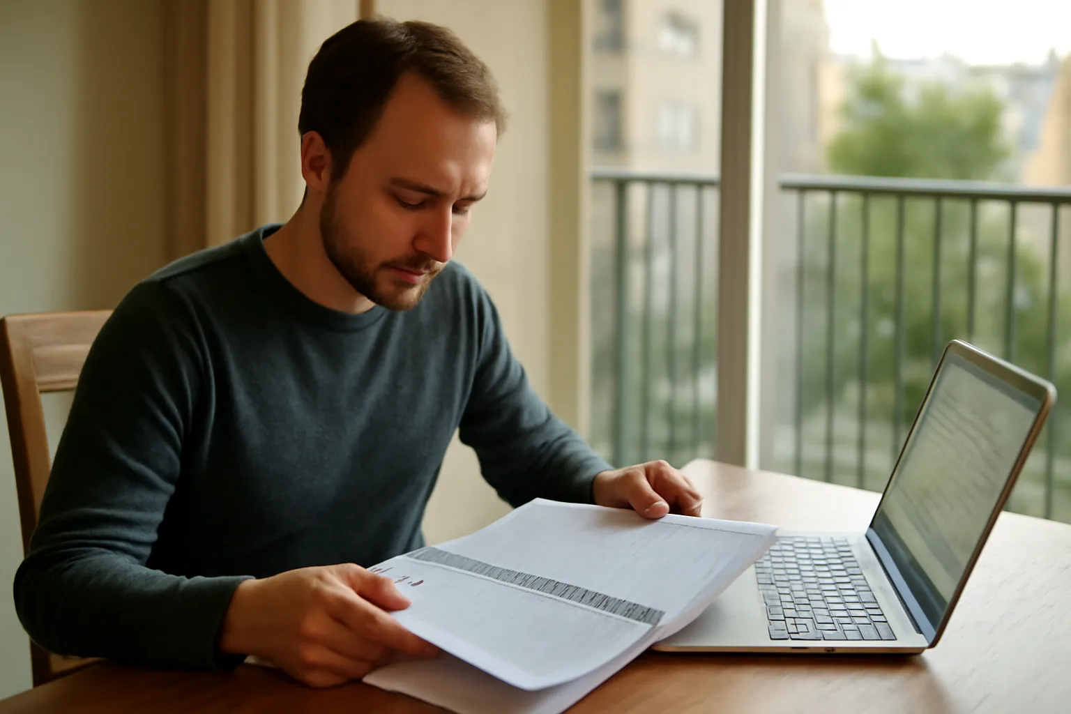 Board member reviewing a printed reserve study report and laptop spreadsheet at home