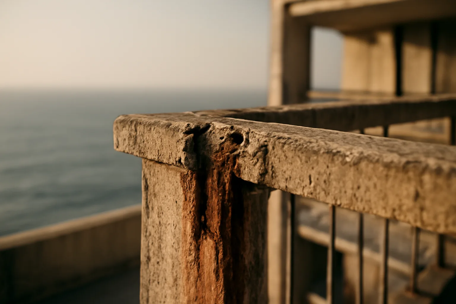 Weathered concrete balcony showing rebar staining on a coastal Florida condo building