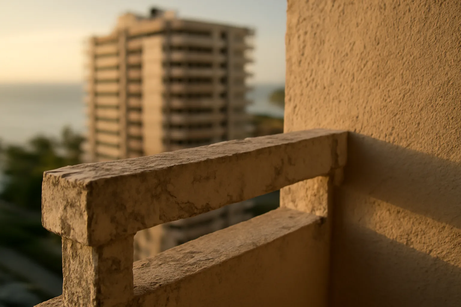 Florida condo building exterior showing aging concrete and stucco at sunset