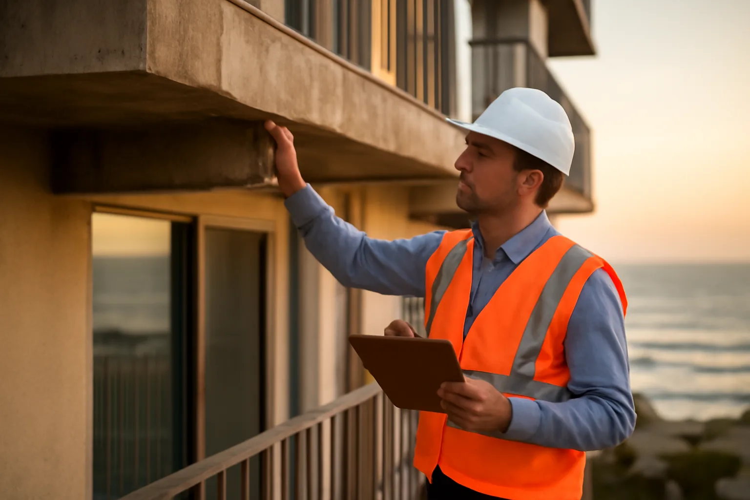 Engineer inspecting concrete structure on coastal condo building for a reserve study