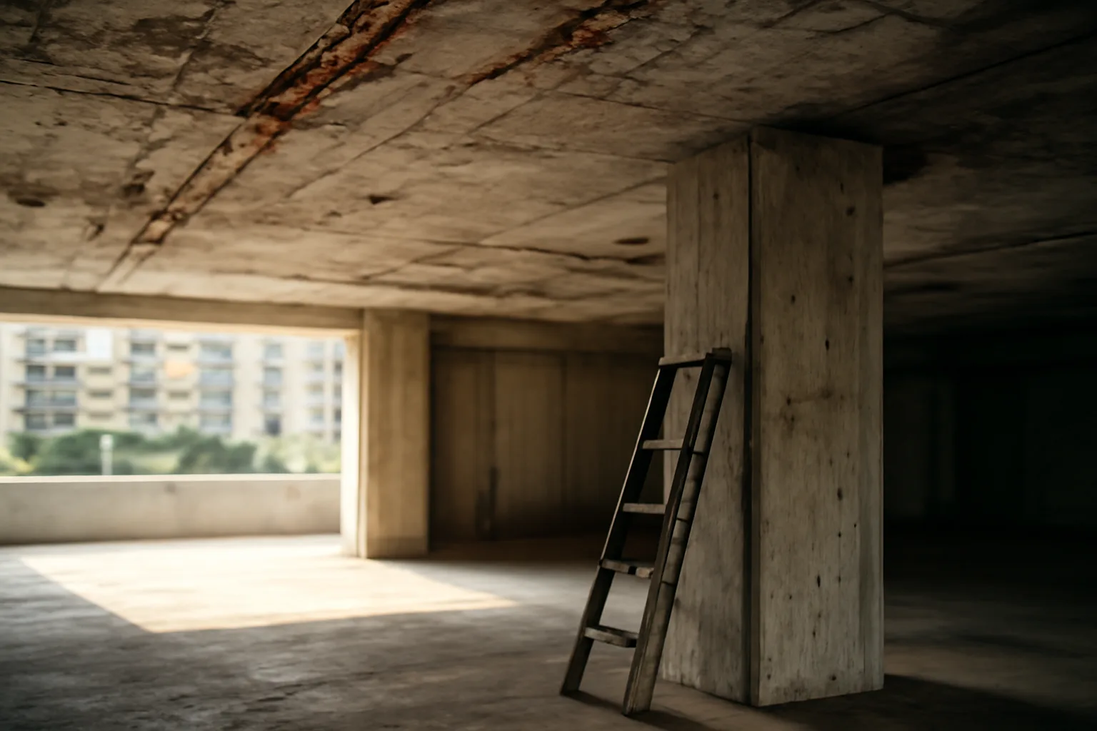 Concrete parking garage ceiling showing wear beneath a condo building in daylight