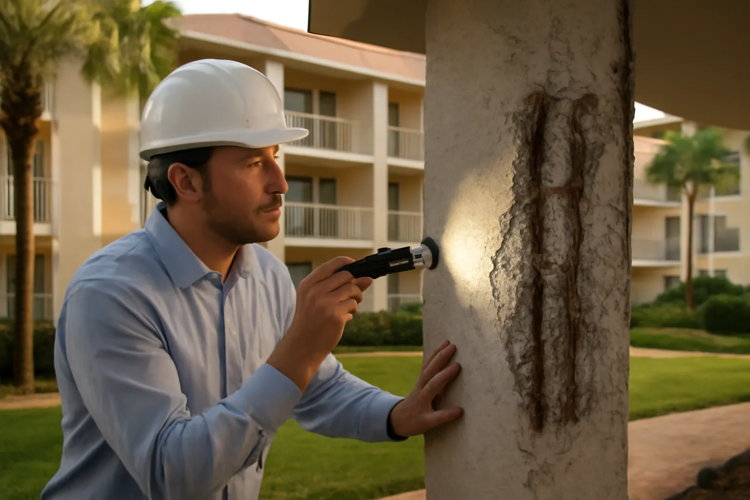 Engineer inspecting a concrete support column at a Florida condo building for reserve study planning