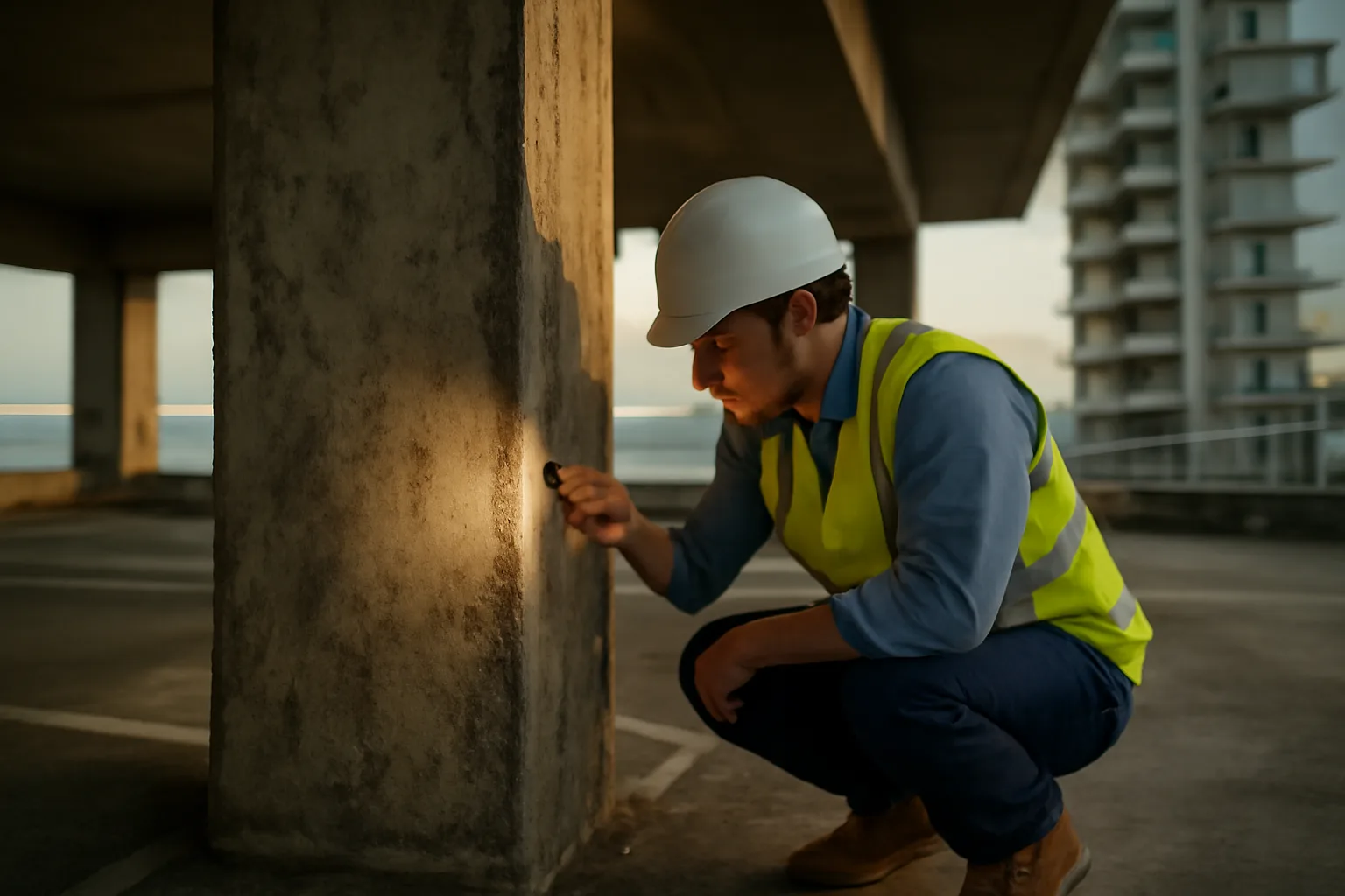 Engineer inspecting a structural column beneath a Florida coastal condo building