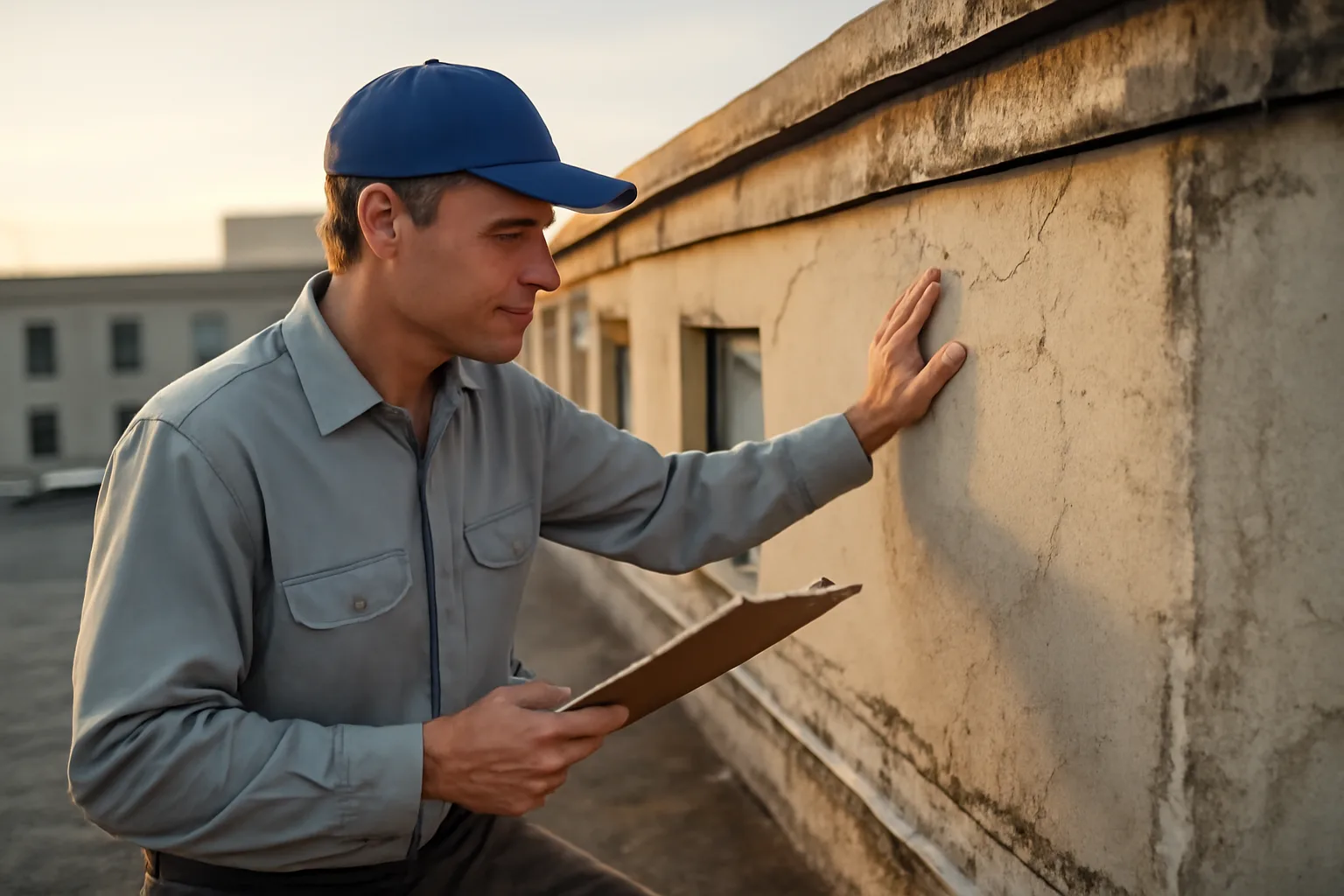 Inspector examining condo building roof and exterior wall during a reserve study inspection