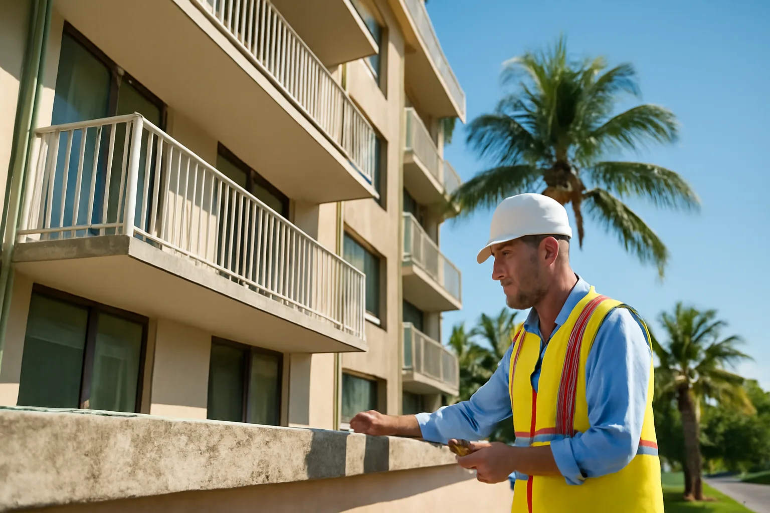 Inspector examining concrete balcony on a Florida condo building during a structural reserve study