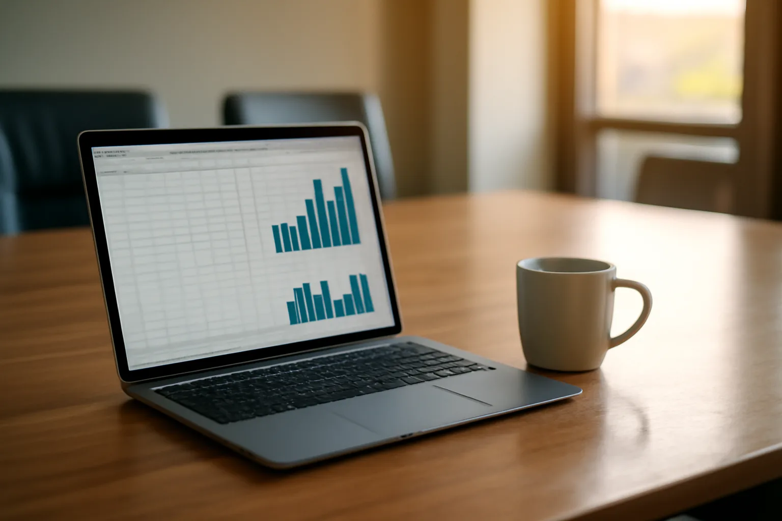 Laptop with financial charts open on a condo board meeting table
