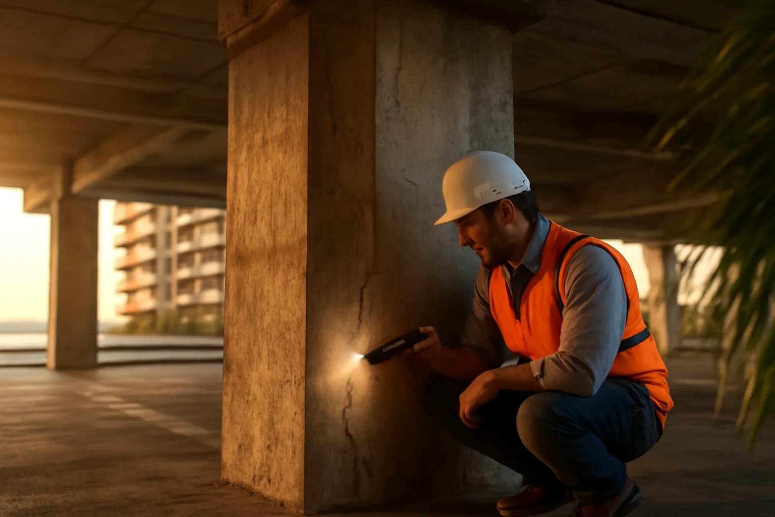 Engineer inspecting a concrete support column during a Florida condo reserve study