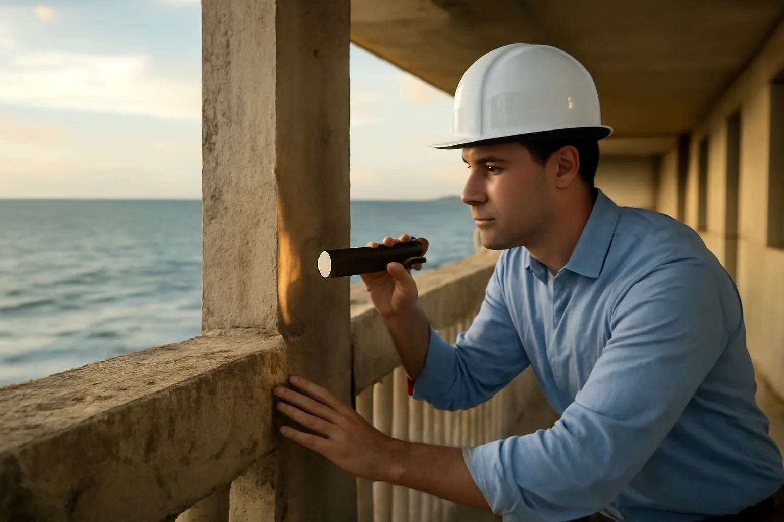 Engineer inspecting concrete structural beam on a Florida condo balcony during a reserve study