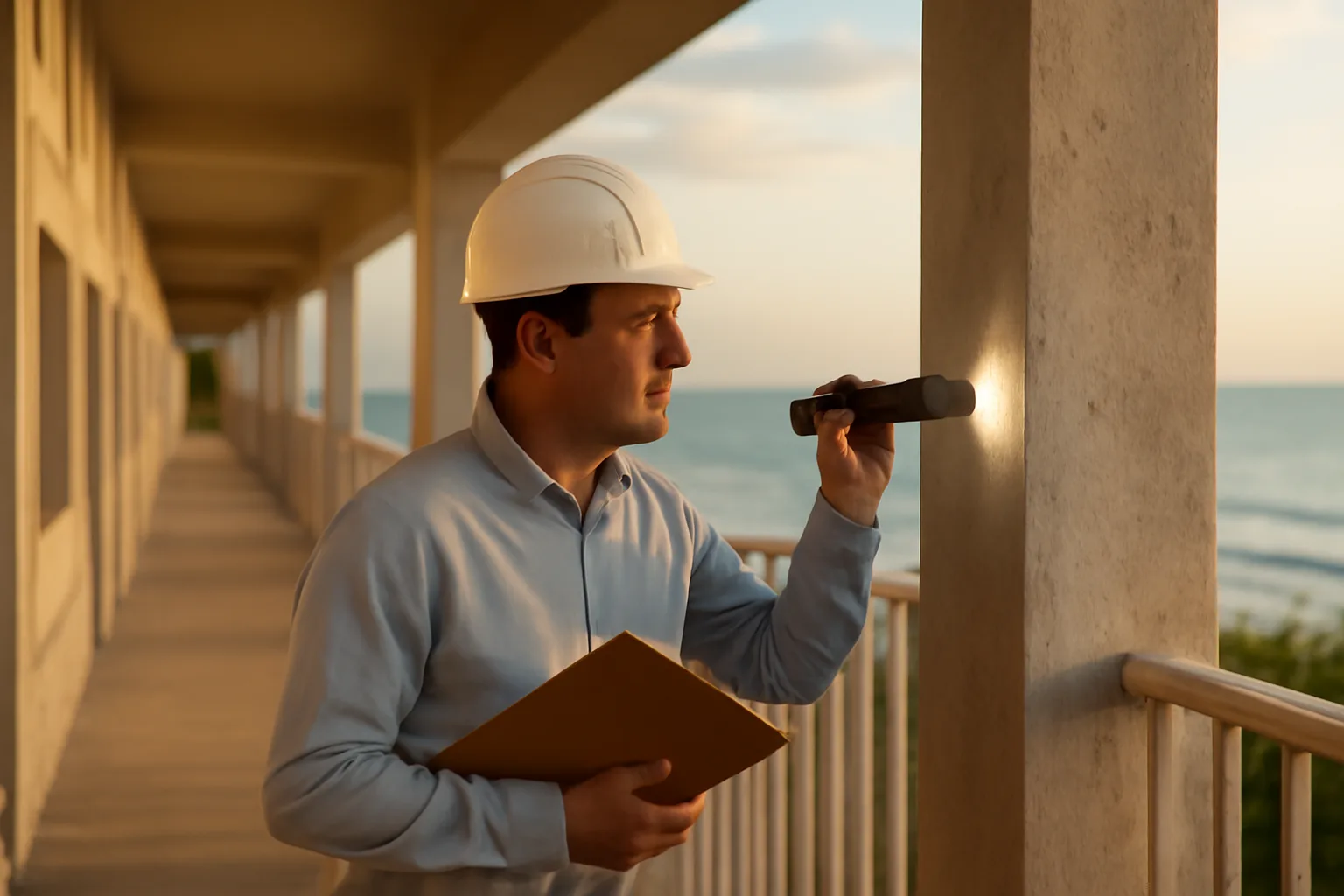 Engineer inspecting concrete support column at a Florida condominium building near the coast
