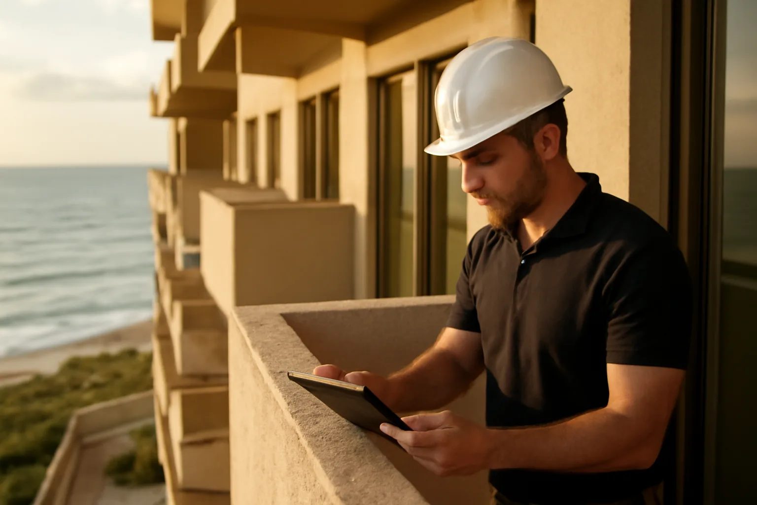 Engineer inspecting condominium balcony structure as part of a reserve study