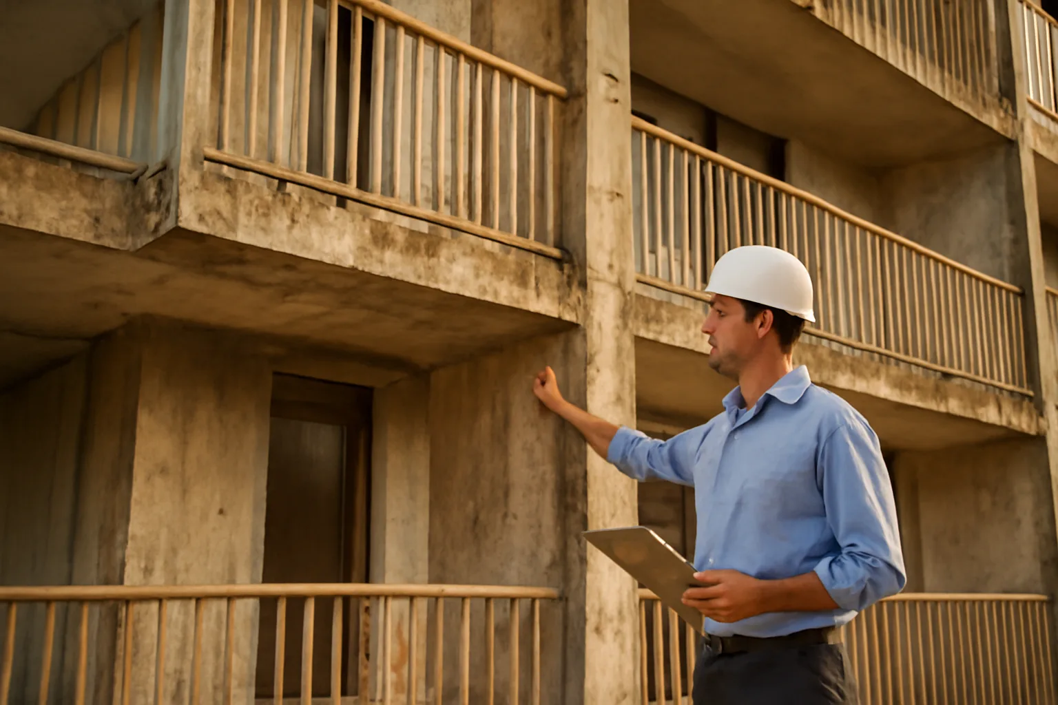 Engineer inspecting a Florida condo building's structural column during a milestone inspection