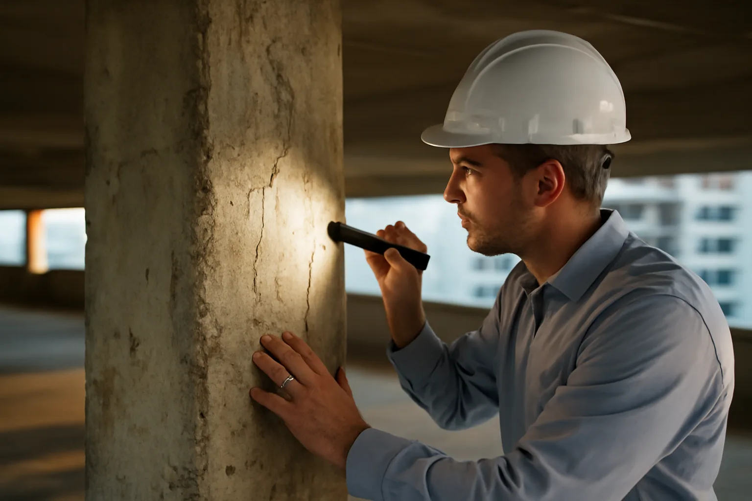 Engineer inspecting concrete column during a Florida milestone inspection of a condo garage