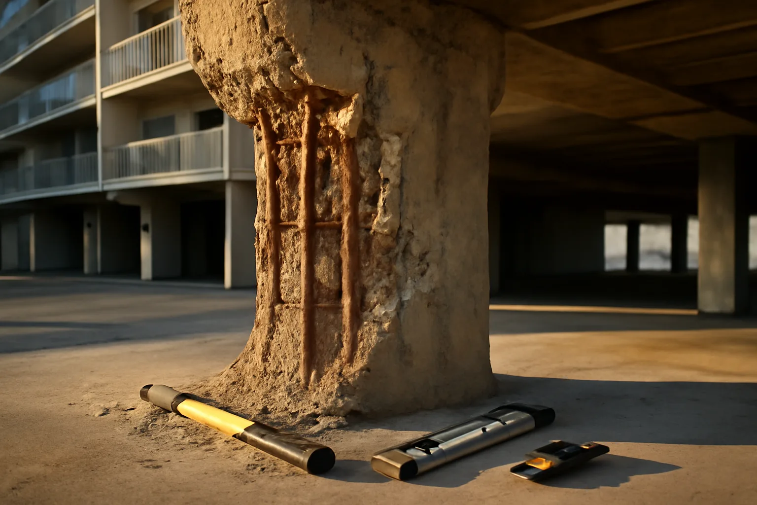 Engineer inspecting a spalling concrete column at a Florida coastal condo building