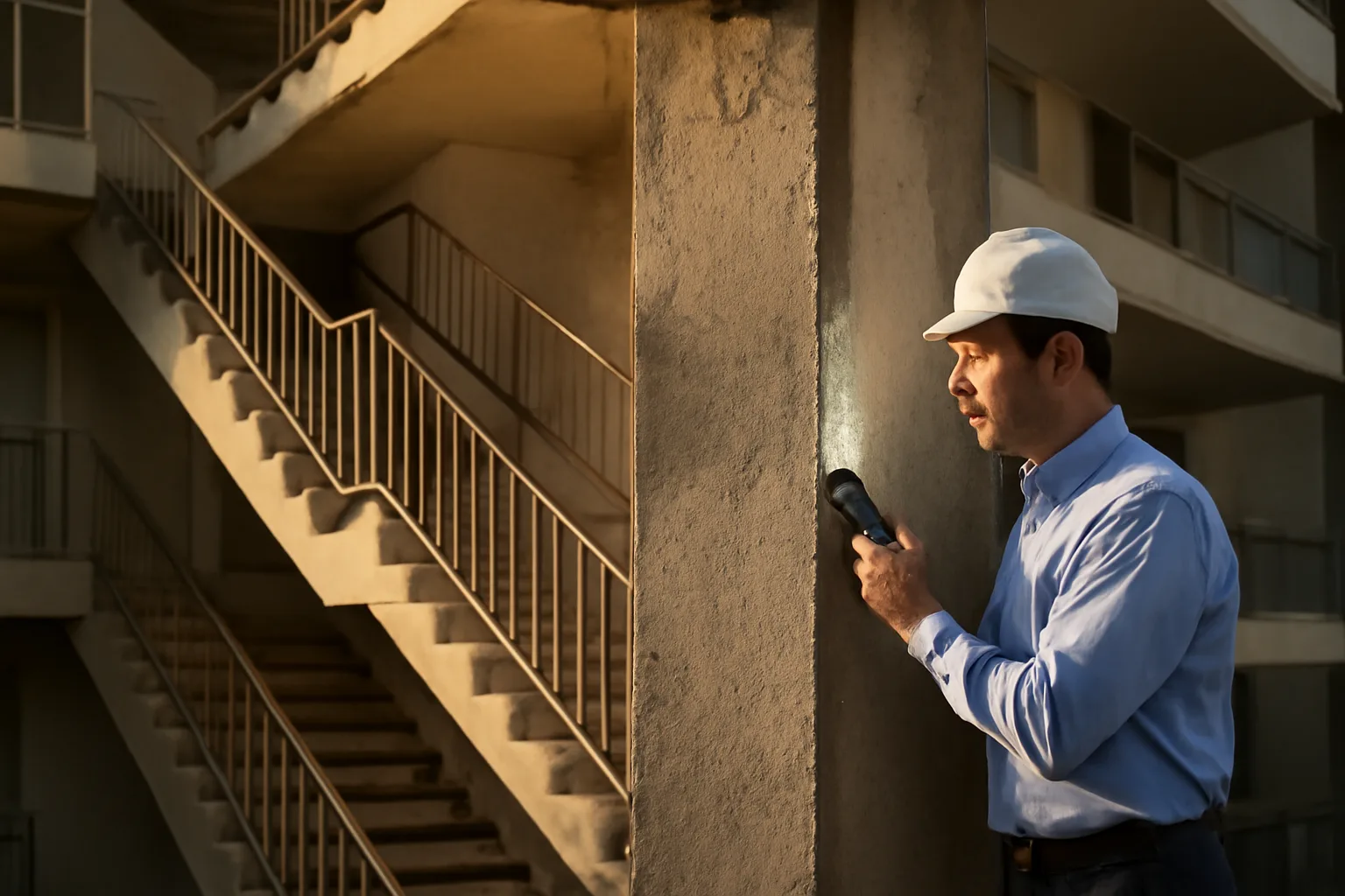 Engineer inspecting concrete support column on a coastal Florida condo building facade