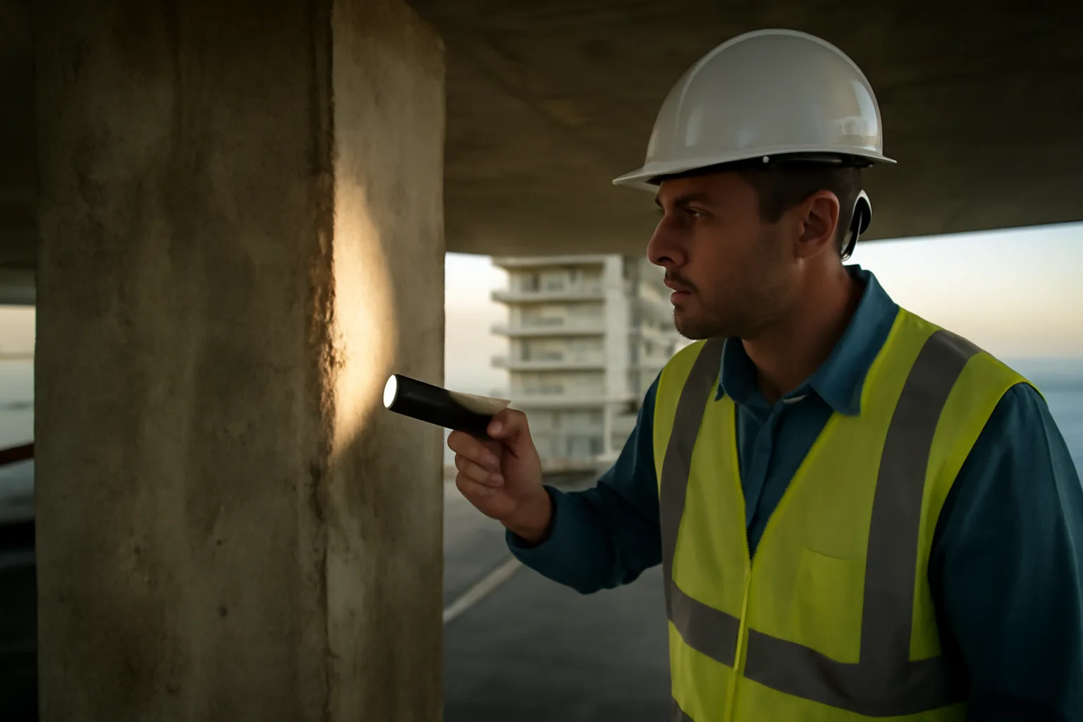 Engineer inspecting a concrete column during a Florida milestone structural inspection near the coast