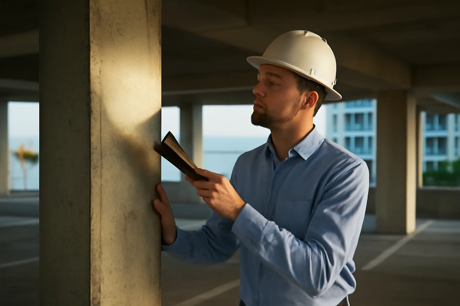 Engineer inspecting a concrete column during a Florida milestone structural inspection