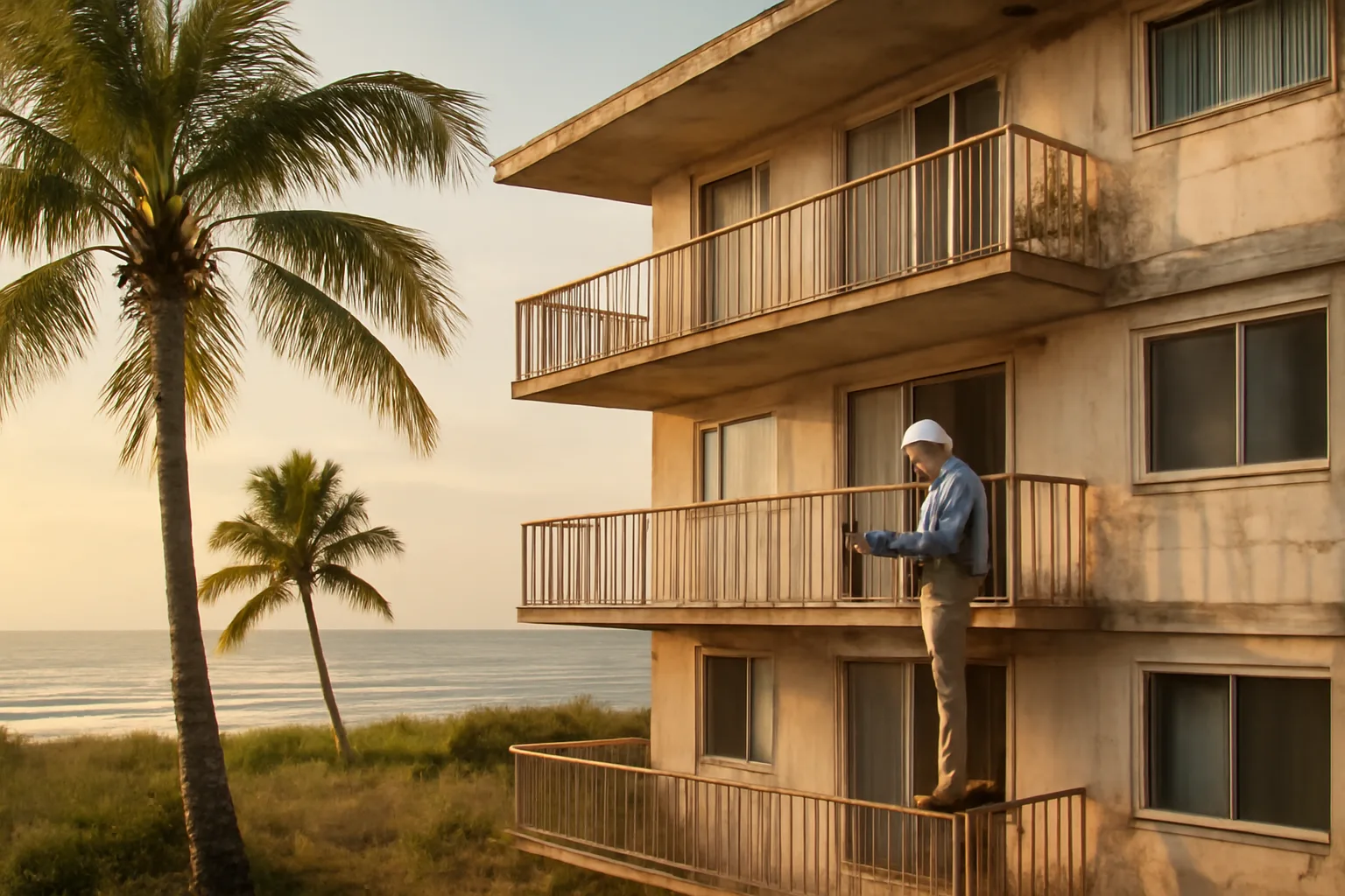 Engineer inspecting a Florida condo balcony during a structural integrity reserve study
