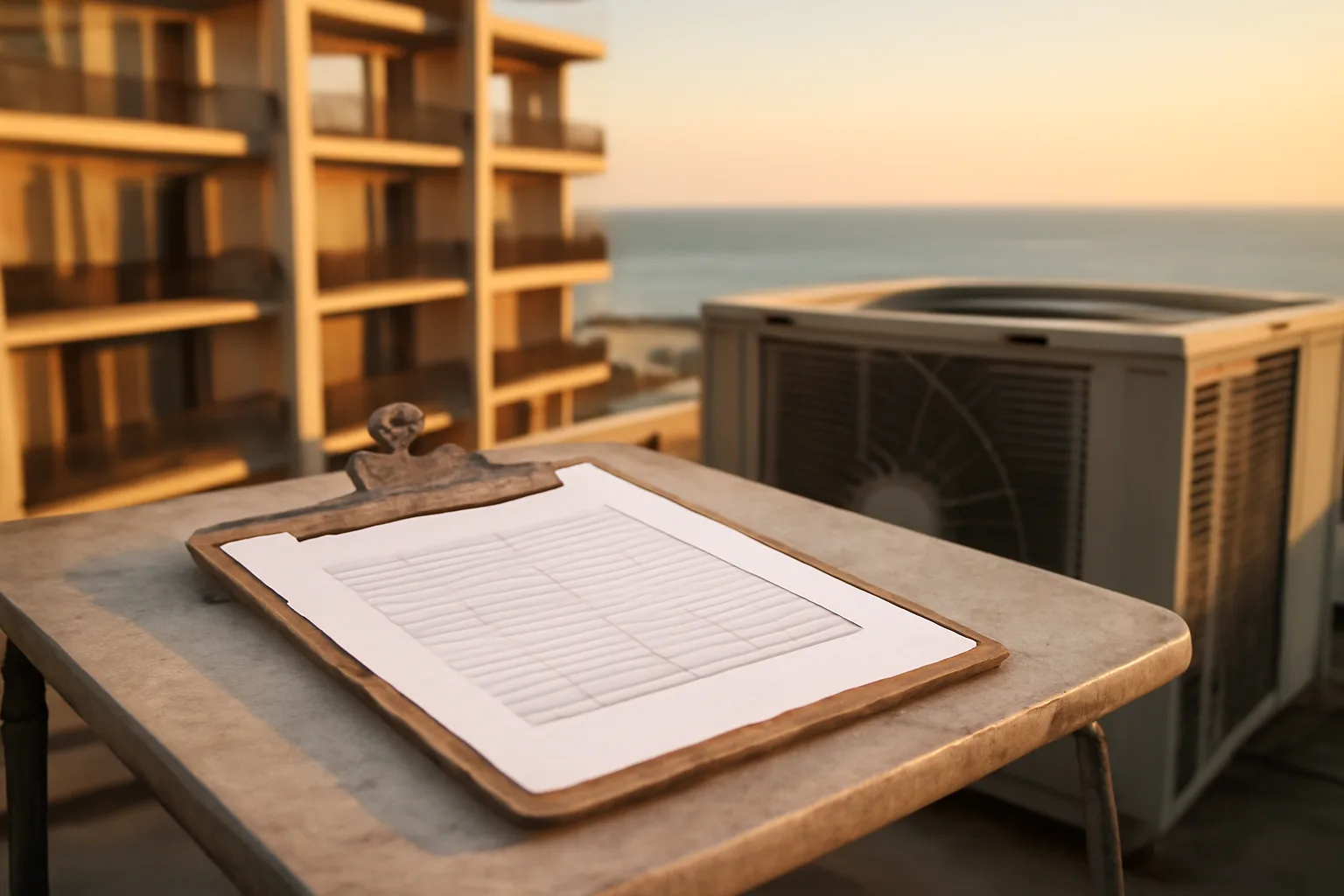 Clipboard with reserve cost figures on a condo rooftop overlooking the ocean at sunset