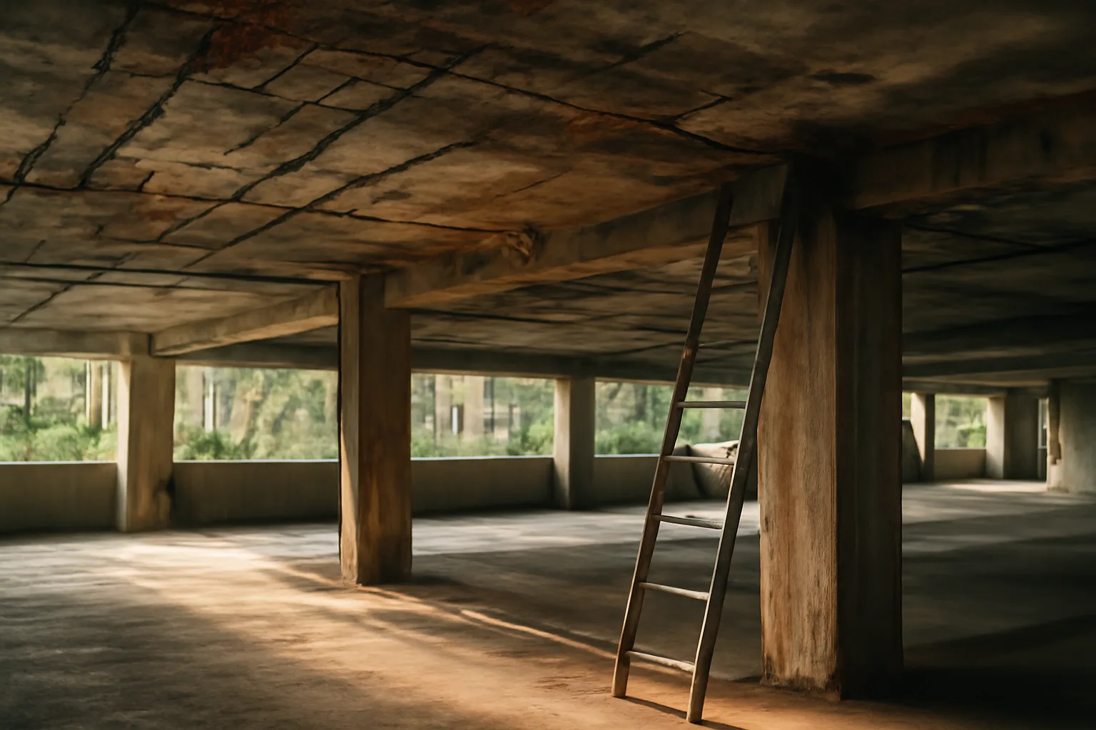 Concrete support column and ceiling inspection area under a Florida condo building