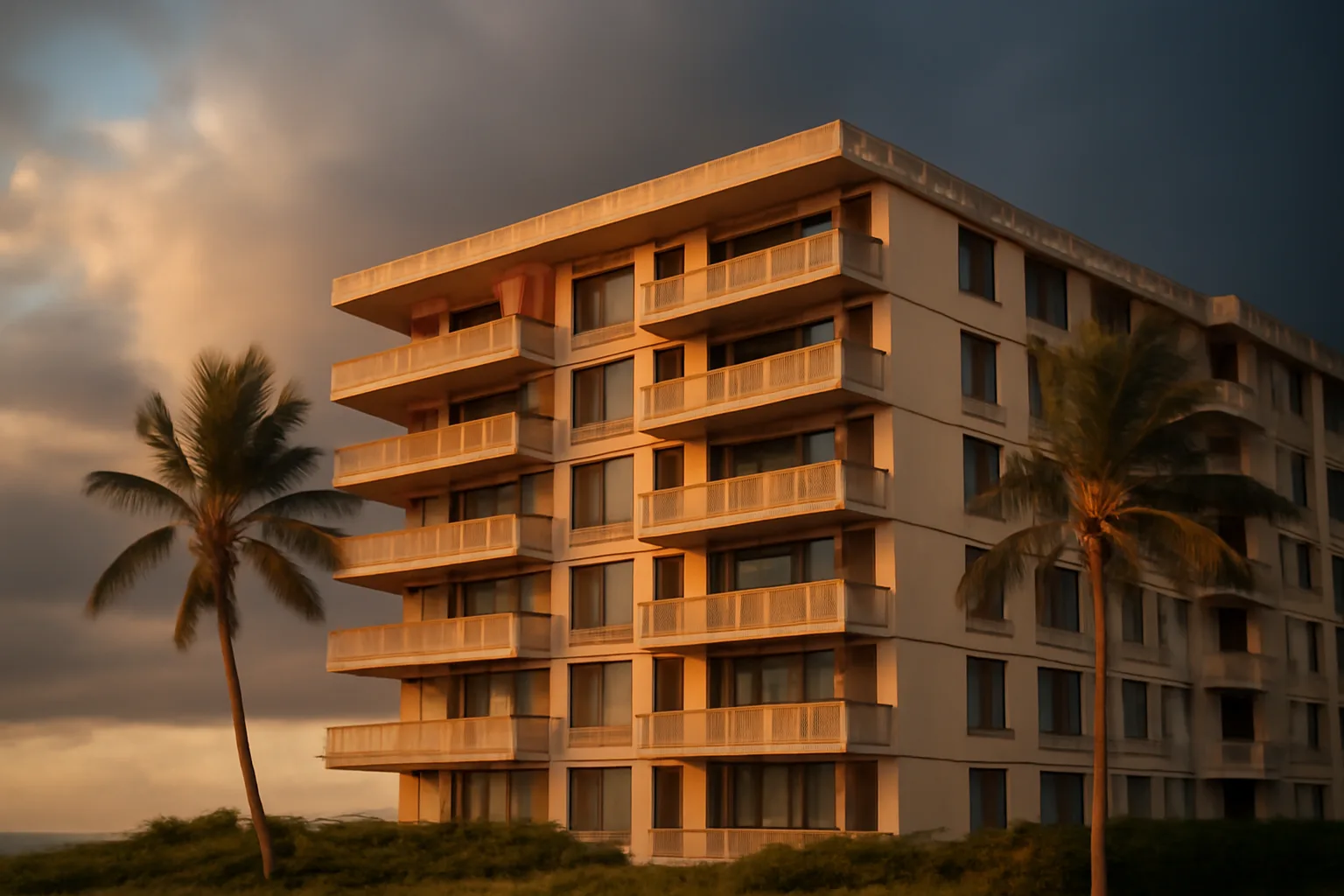 Florida coastal condo building exterior with storm clouds, illustrating hoa special assessment insurance risk