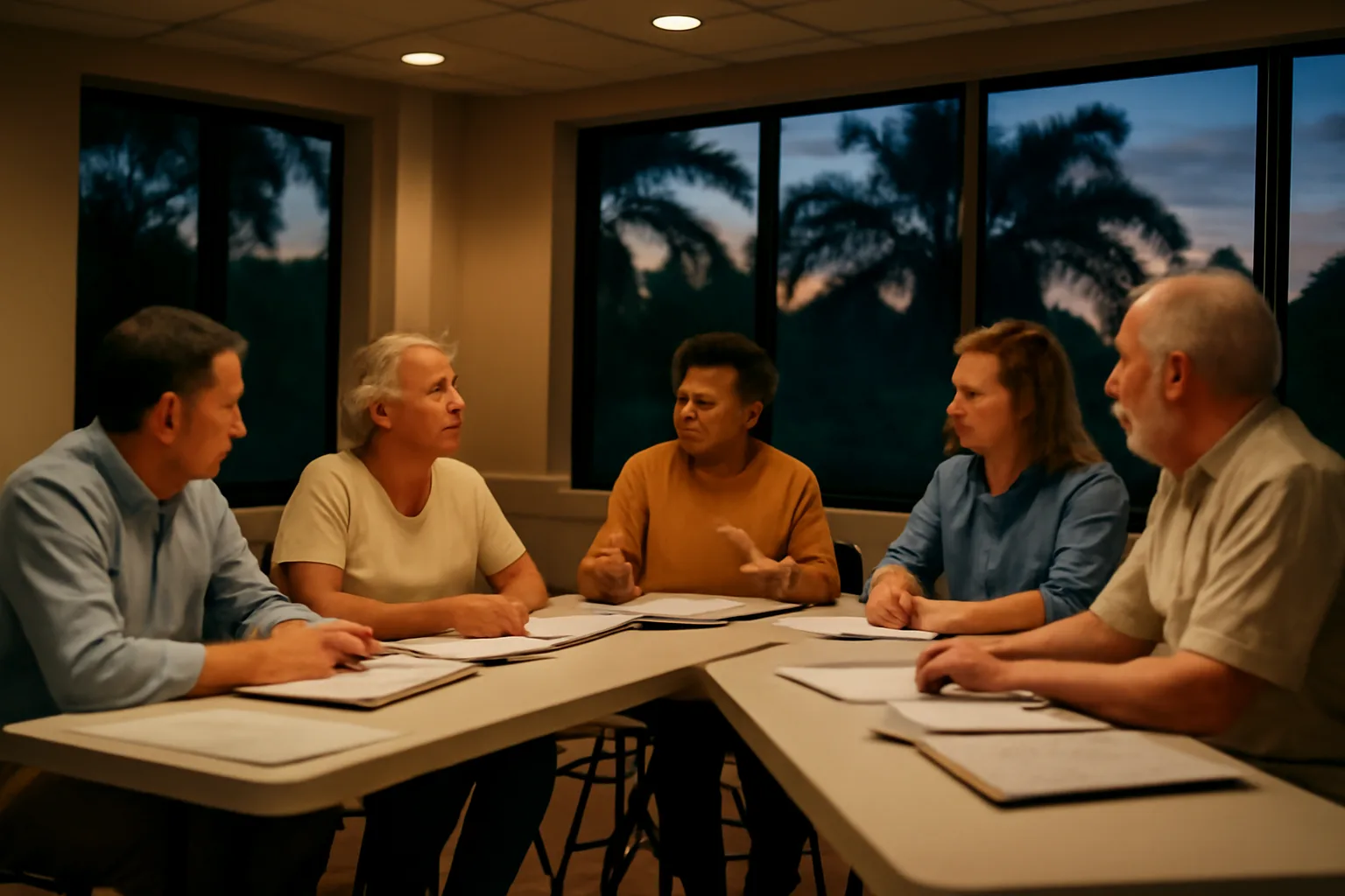 Condo board members discussing HOA special assessment rules at an evening meeting