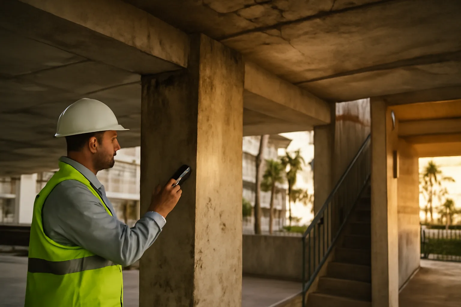 Engineer inspecting concrete support column during a Florida condo reserve study site visit