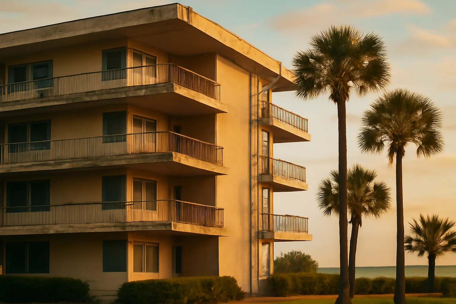 Mid-rise Florida condo building exterior showing structural details relevant to reserve funding decisions