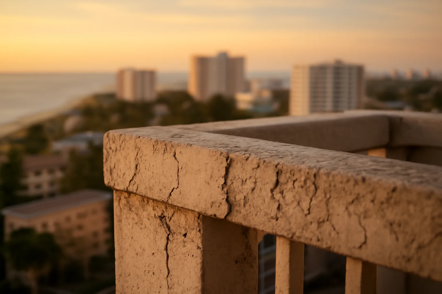 Cracked stucco balcony railing on a Florida condo building at sunset