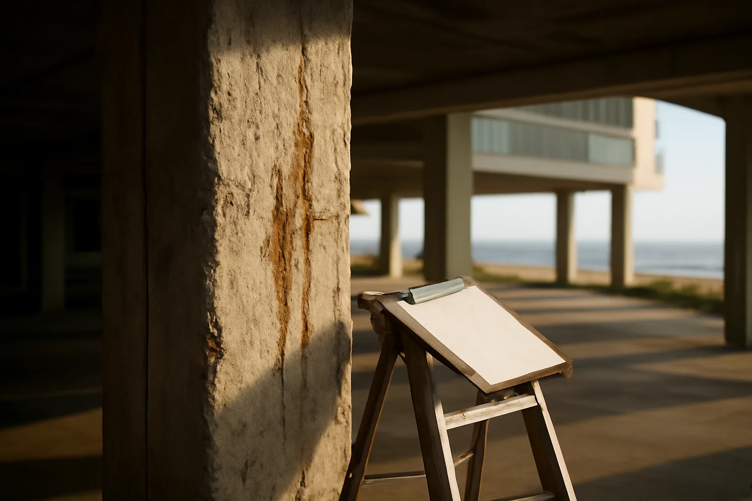 Engineer inspecting a coastal condo building's concrete support column for a reserve study