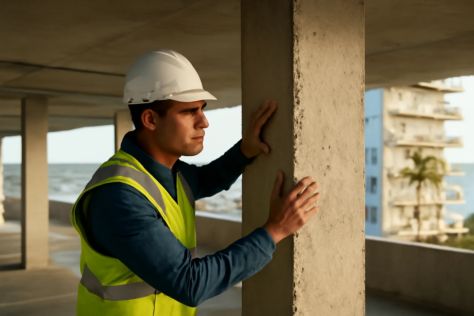 Engineer inspecting a concrete structural column beneath a Florida coastal condo building