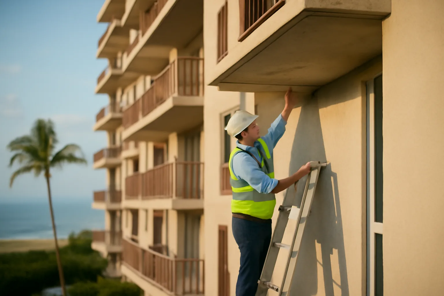 Engineer inspecting a coastal condo building's structure during a Palm Beach County milestone inspection