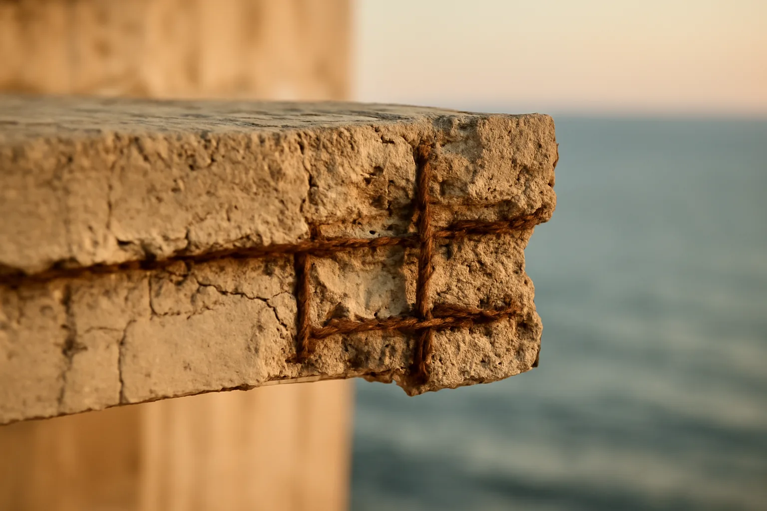 Close-up of concrete deterioration on a coastal condo building balcony during a structural inspection