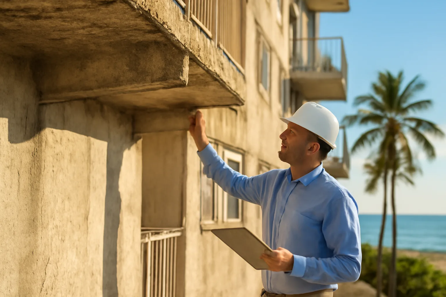 Engineer inspecting concrete balcony support on a Florida coastal condo building