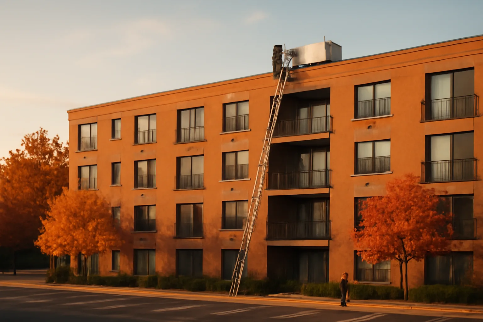 Mid-rise condo building exterior with worker inspecting rooftop equipment, illustrating NJ HOA reserve law planning