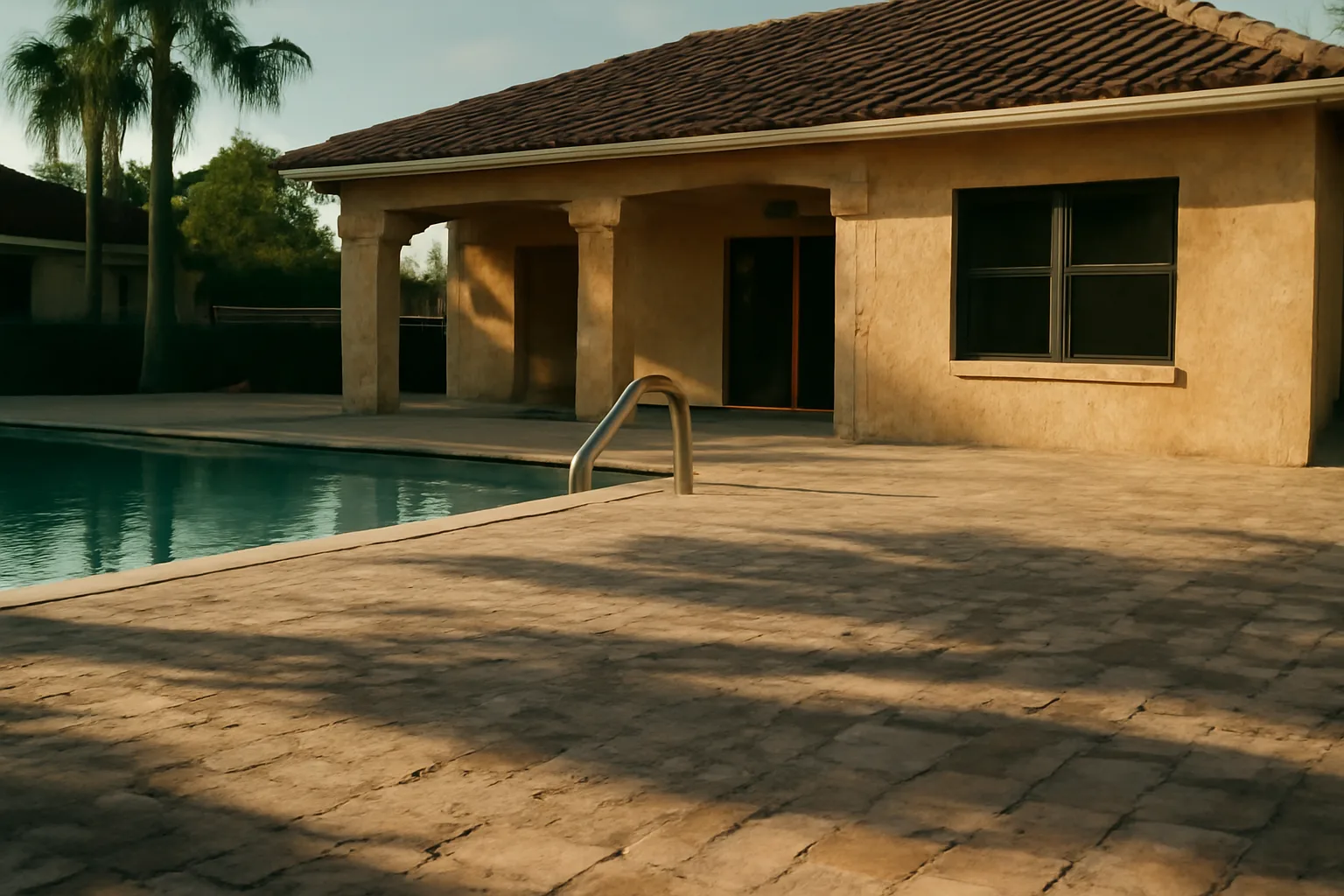 Florida condo pool deck and clubhouse exterior showing aging non-structural common areas