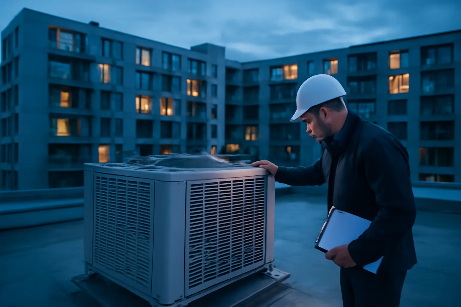 Inspector examining rooftop equipment during a condo reserve fund study at dusk