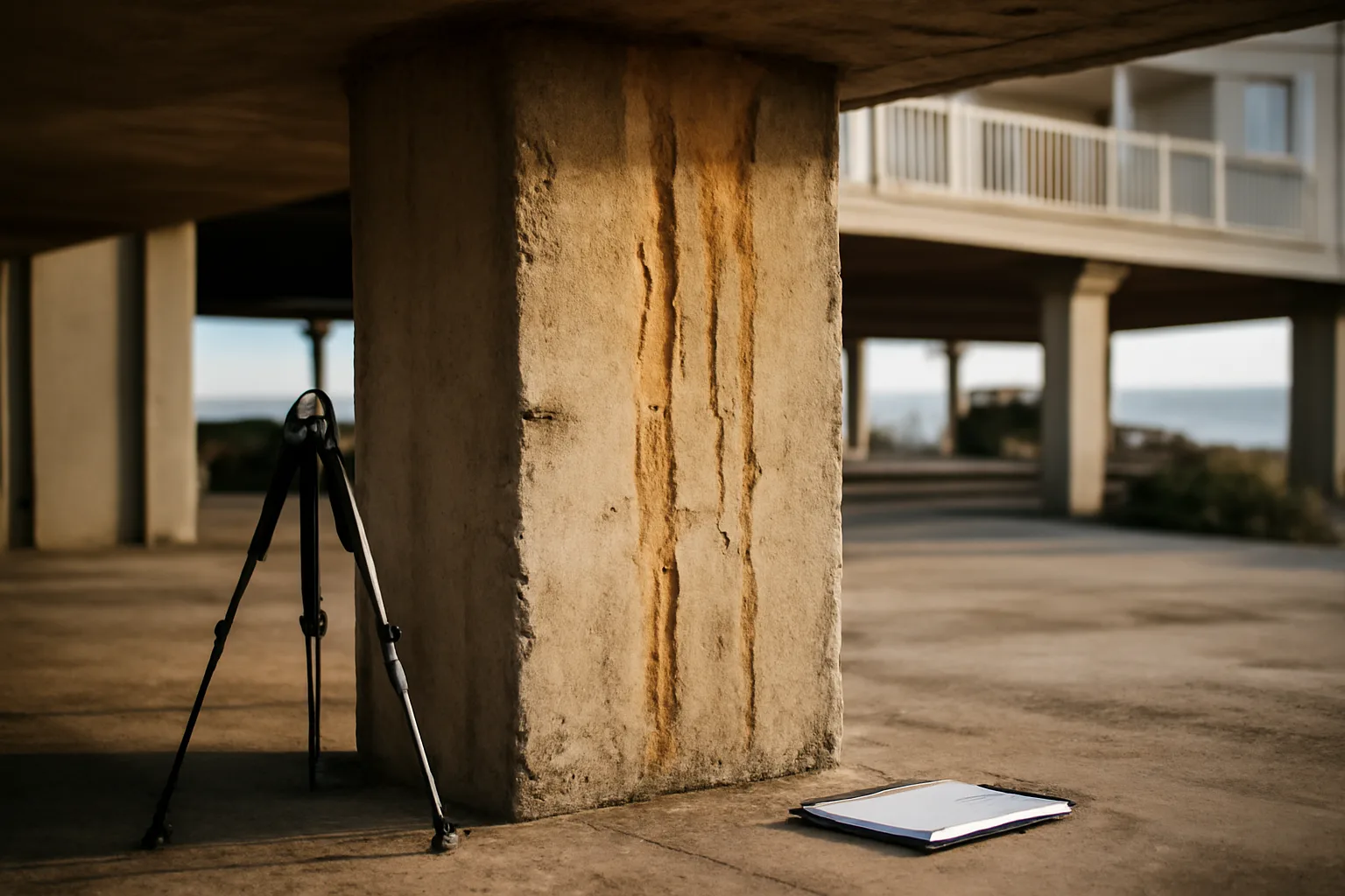 Concrete support column inspection under a Florida coastal condominium building