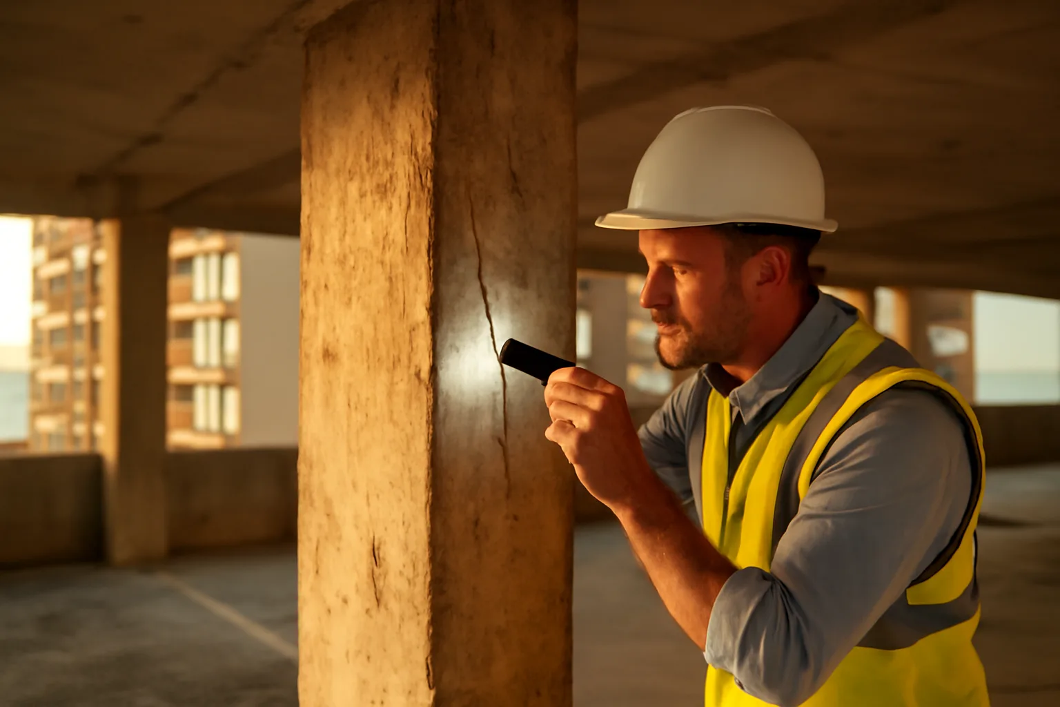 Engineer inspecting a concrete support column beneath a Florida coastal condo building