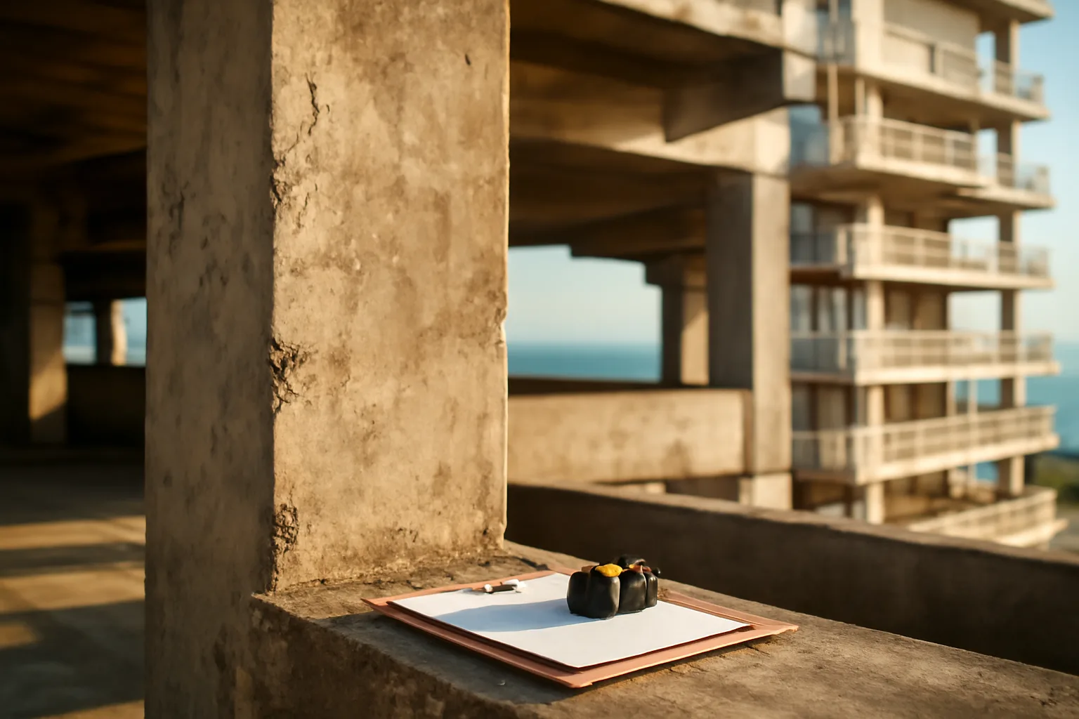 Engineer's tools resting near a concrete support column during a reserve study inspection
