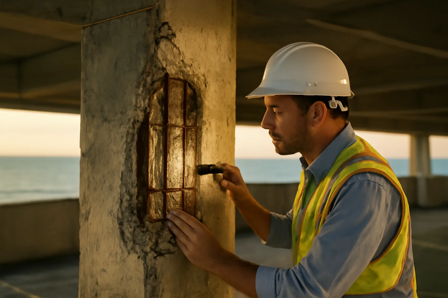 Engineer inspecting concrete column for a Florida condo reserve study