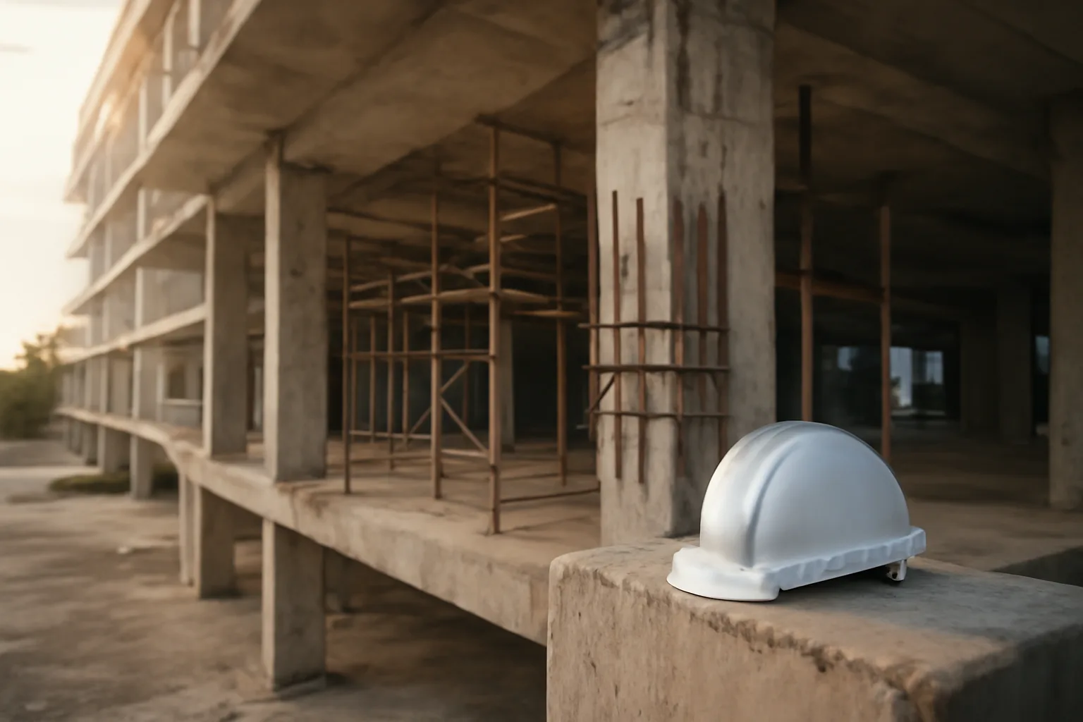 Concrete support columns under repair scaffolding at a Florida condo building reserve fund inspection
