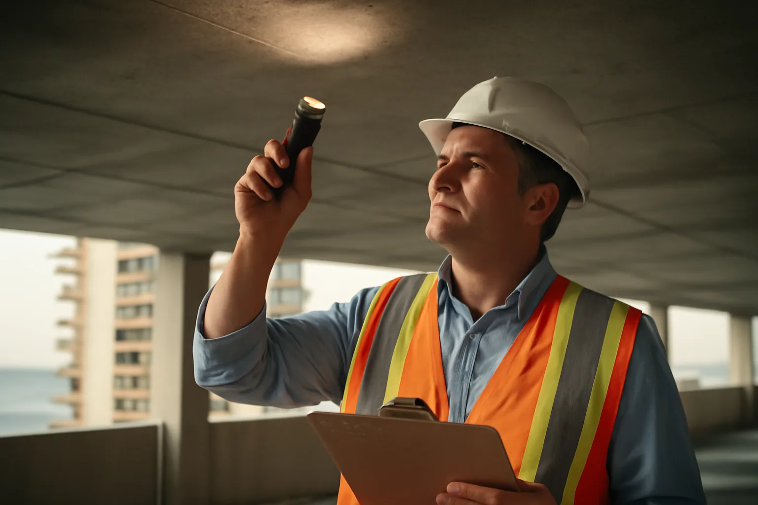 Inspector examining concrete structure during a reserve study inspection at a coastal condo