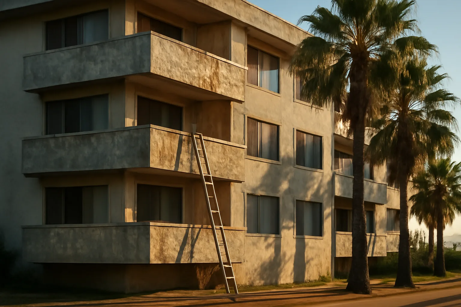 Mid-rise Florida condo building exterior showing weathered concrete and a maintenance ladder