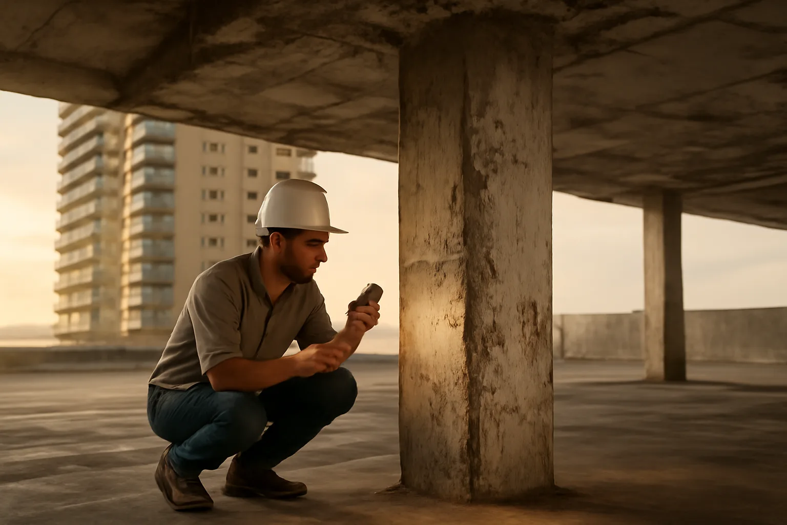Engineer inspecting concrete support column during a condo reserve study site visit